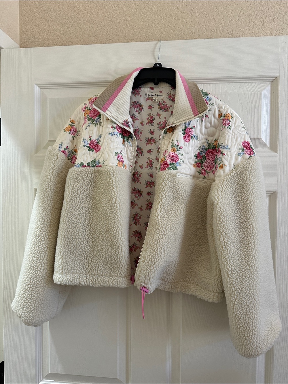 For Love & Lemons Cream Sherpa Jacket with Pink Floral Panels